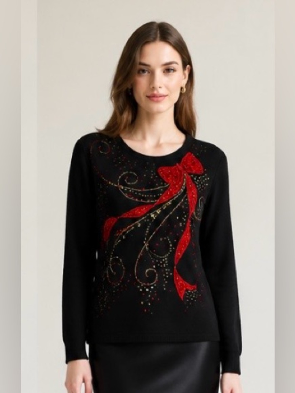 JACK B QUICK VTG Holiday Christmas Sweater Pullover Bow Sequined Black Red